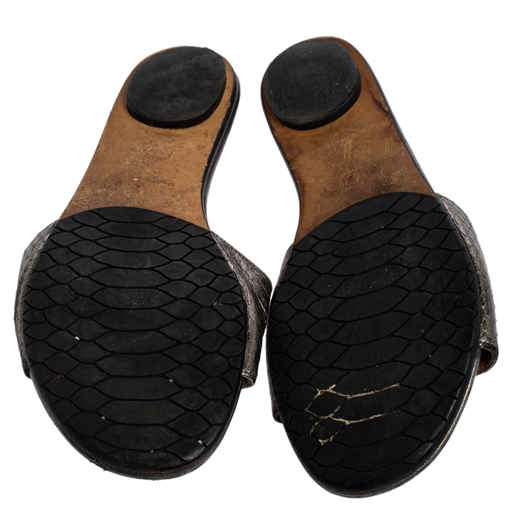 Jimmy Choo Grey Snakeskin Leather Nanda Flat Slide Sandals Size 36