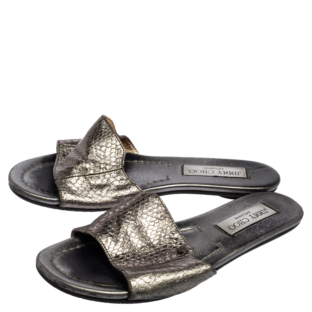 Jimmy Choo Grey Snakeskin Leather Nanda Flat Slide Sandals Size 36