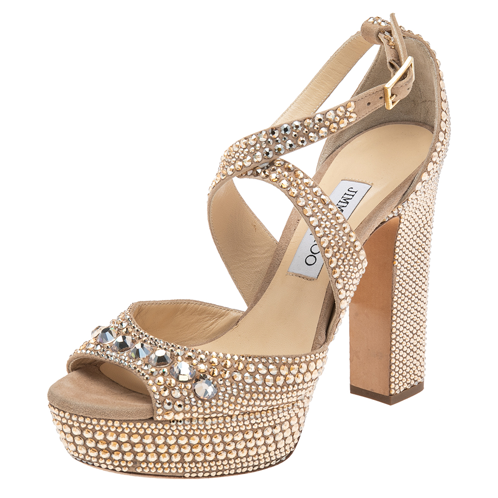 Jimmy Choo Gold-Tone Suede Crystal Embellished Crisscross Platform Sandals Size 38.5