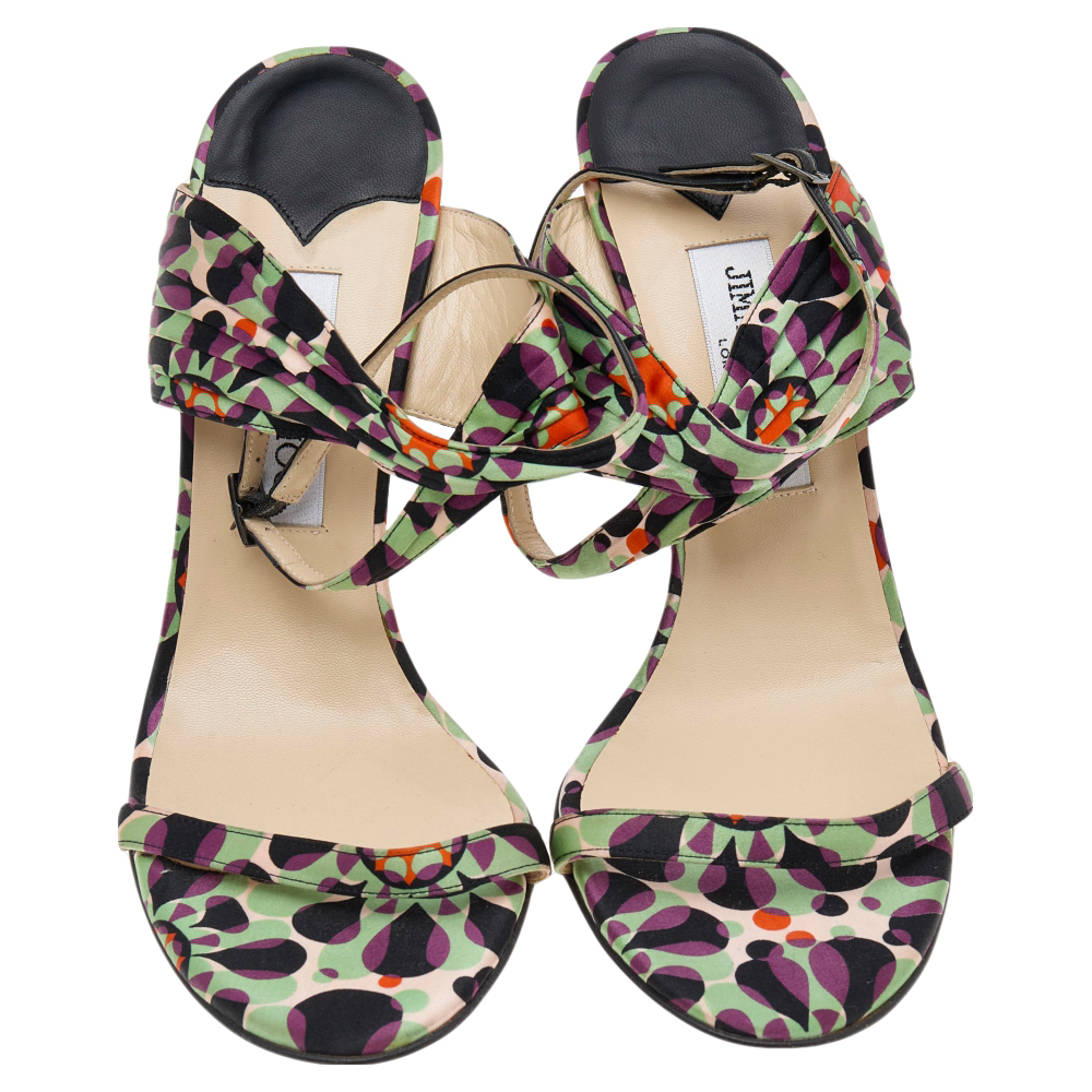 Jimmy Choo Multicolor Printed Satin Charis Ankle Strap Sandals Size 41