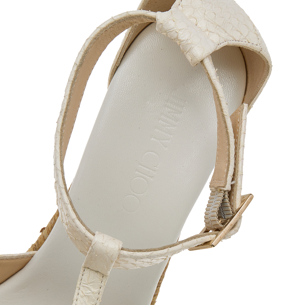 Jimmy Choo White Python Leather T Strap Wedge Platform Sandals Size 39