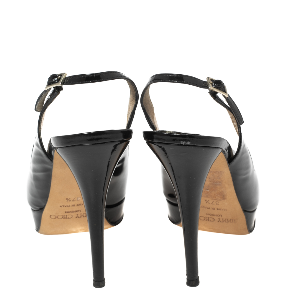 Jimmy Choo Black Patent Leather Peep Toe Slingback Sandals Size 37.5