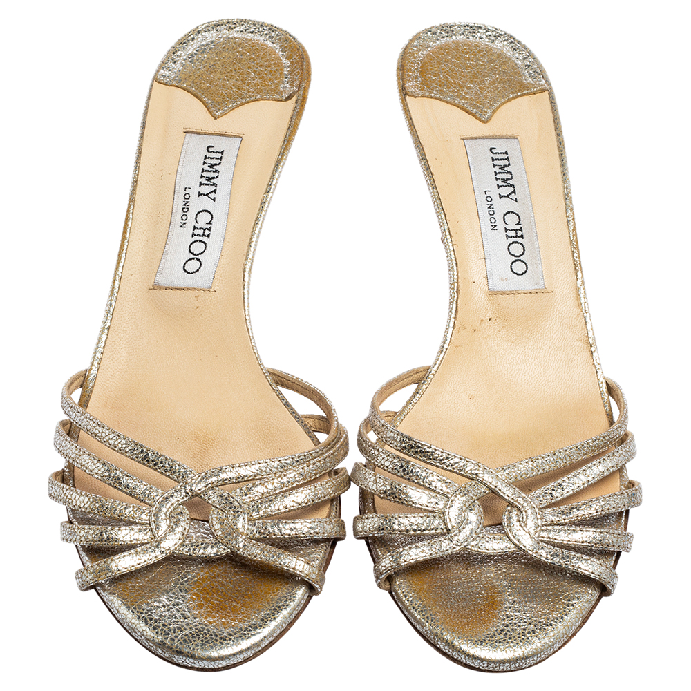 Jimmy Choo Silver Crackled Leather Strappy Slide Sandals Size 36