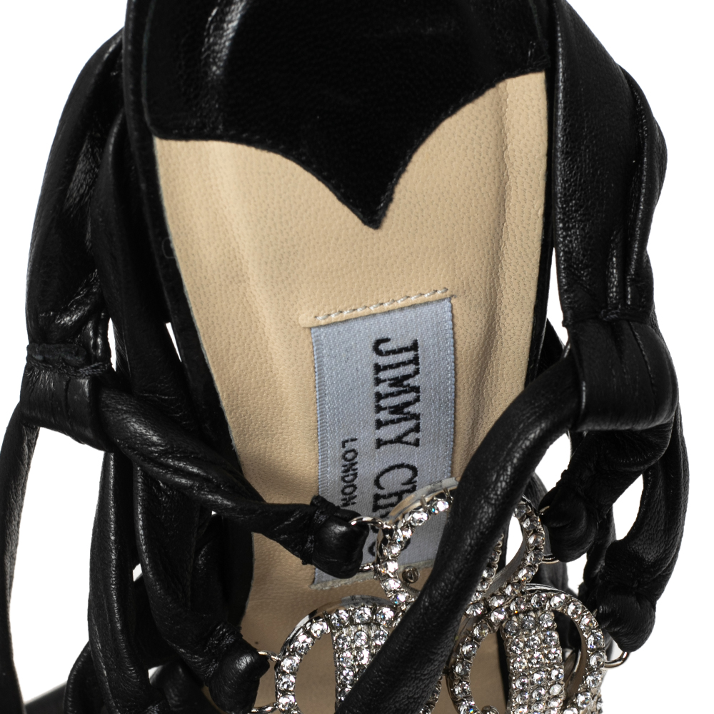 Jimmy Choo Black Leather Marine Crystal Embellished Tie-Up Sandals Size 38