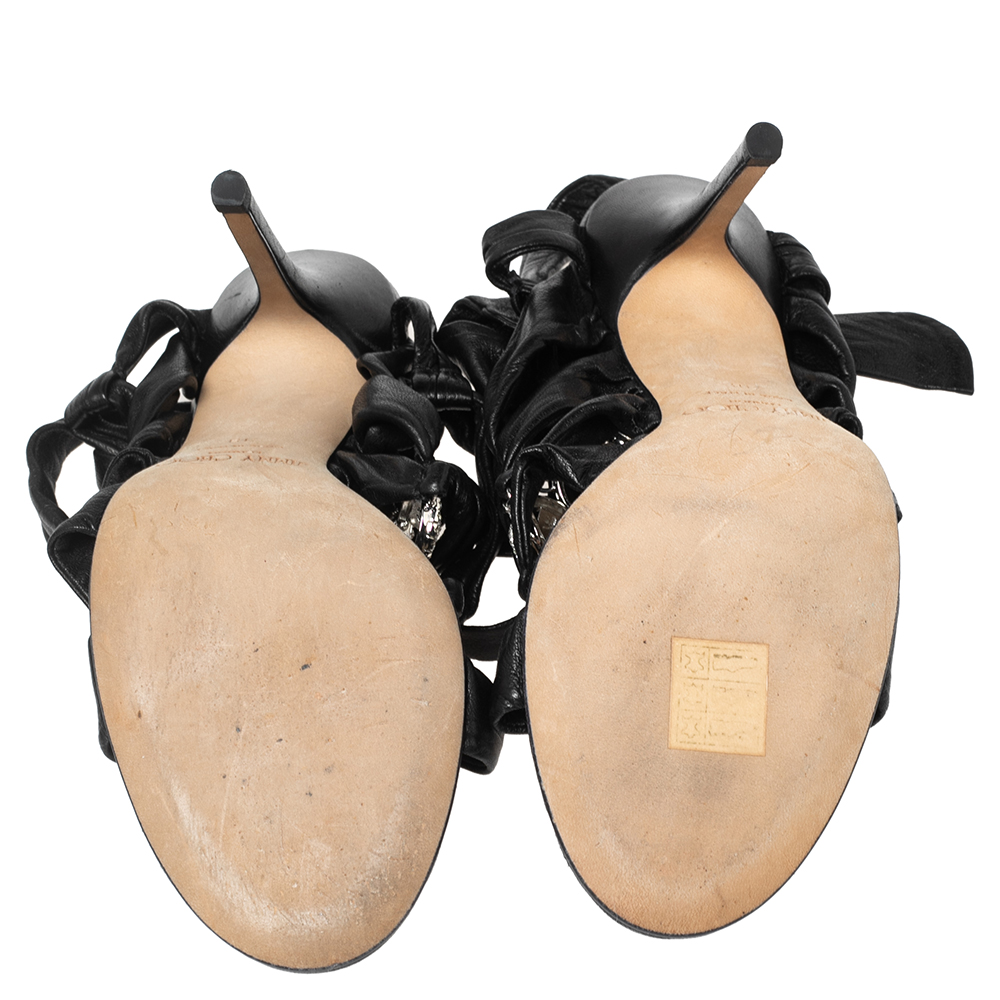 Jimmy Choo Black Leather Marine Crystal Embellished Tie-Up Sandals Size 38