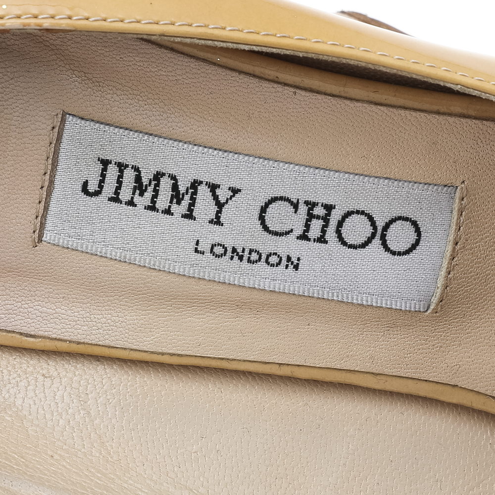 Jimmy Choo Beige Patent Leather Baxen Wedge Peep Toe Pumps Size 39