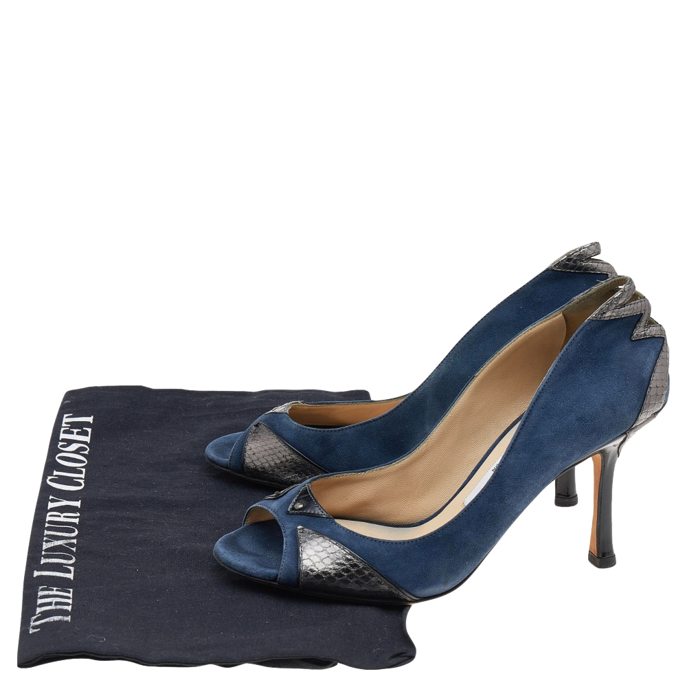 Jimmy Choo Blue Suede And Snakeskin Peep Toe Pumps Size 36.5