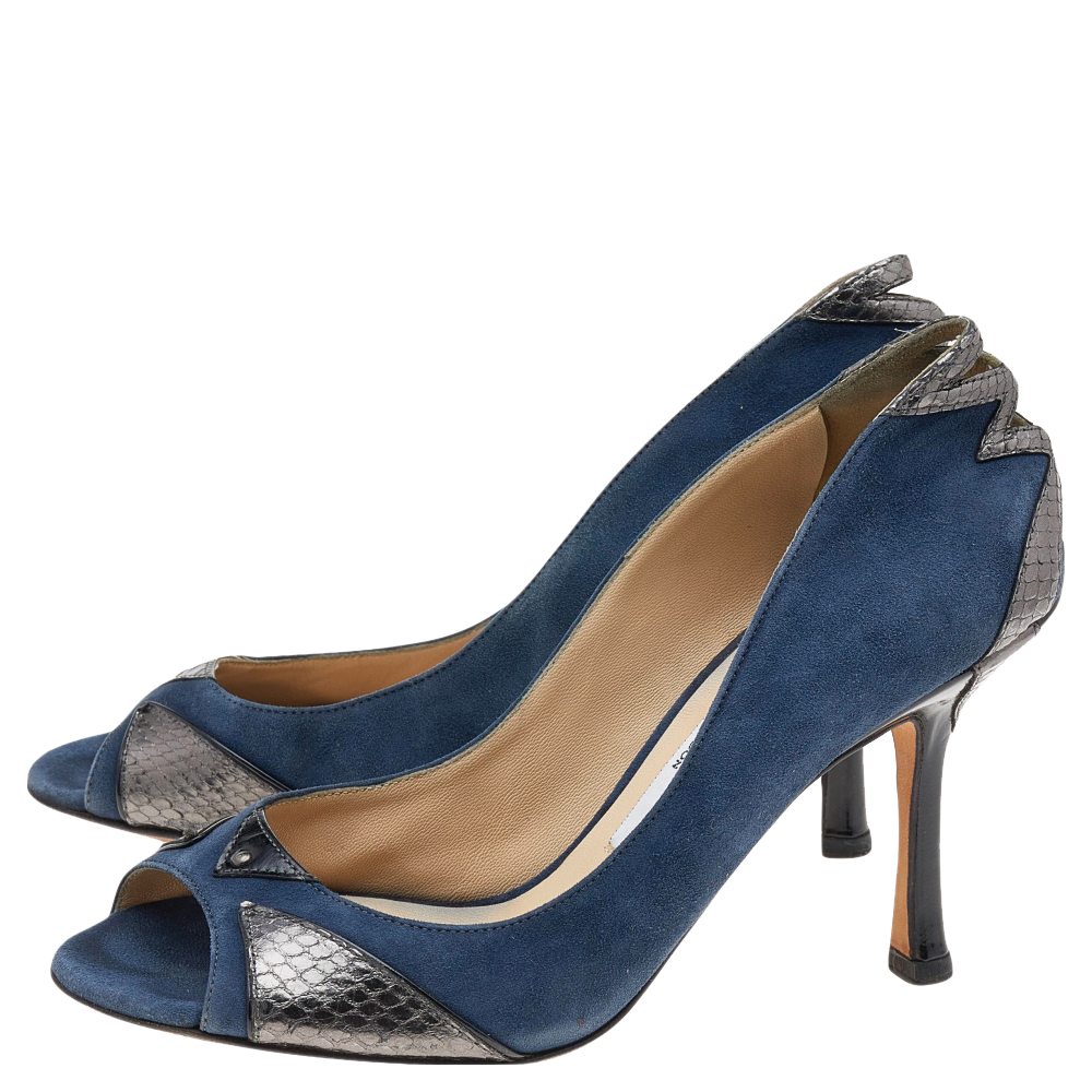 Jimmy Choo Blue Suede And Snakeskin Peep Toe Pumps Size 36.5