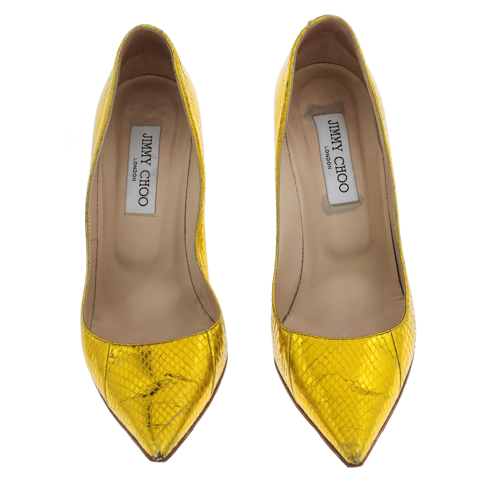 Jimmy Choo Metallic Yellow Python Embossed Leather Abel Pointed Pumps Size 39