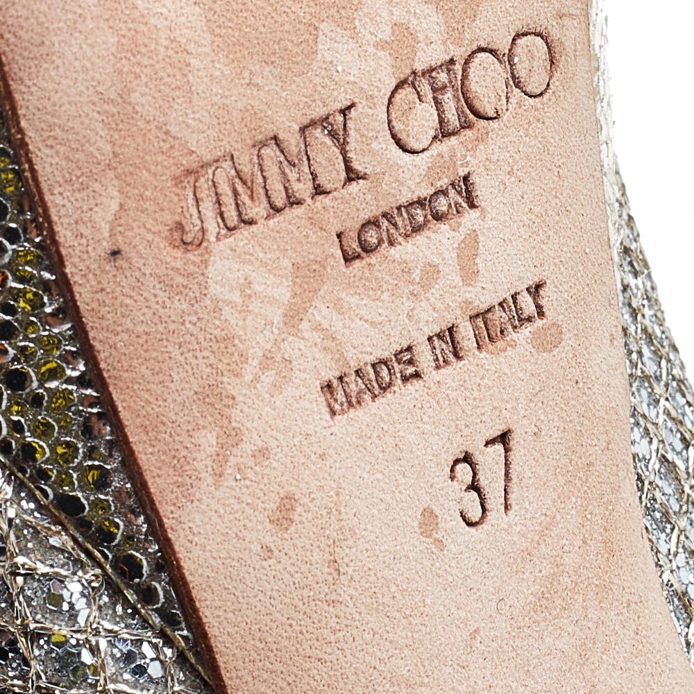 Jimmy Choo Metallic Champagne Lamè Glitter Fabric Dahlia Platform Peep Toe Pumps Size 37