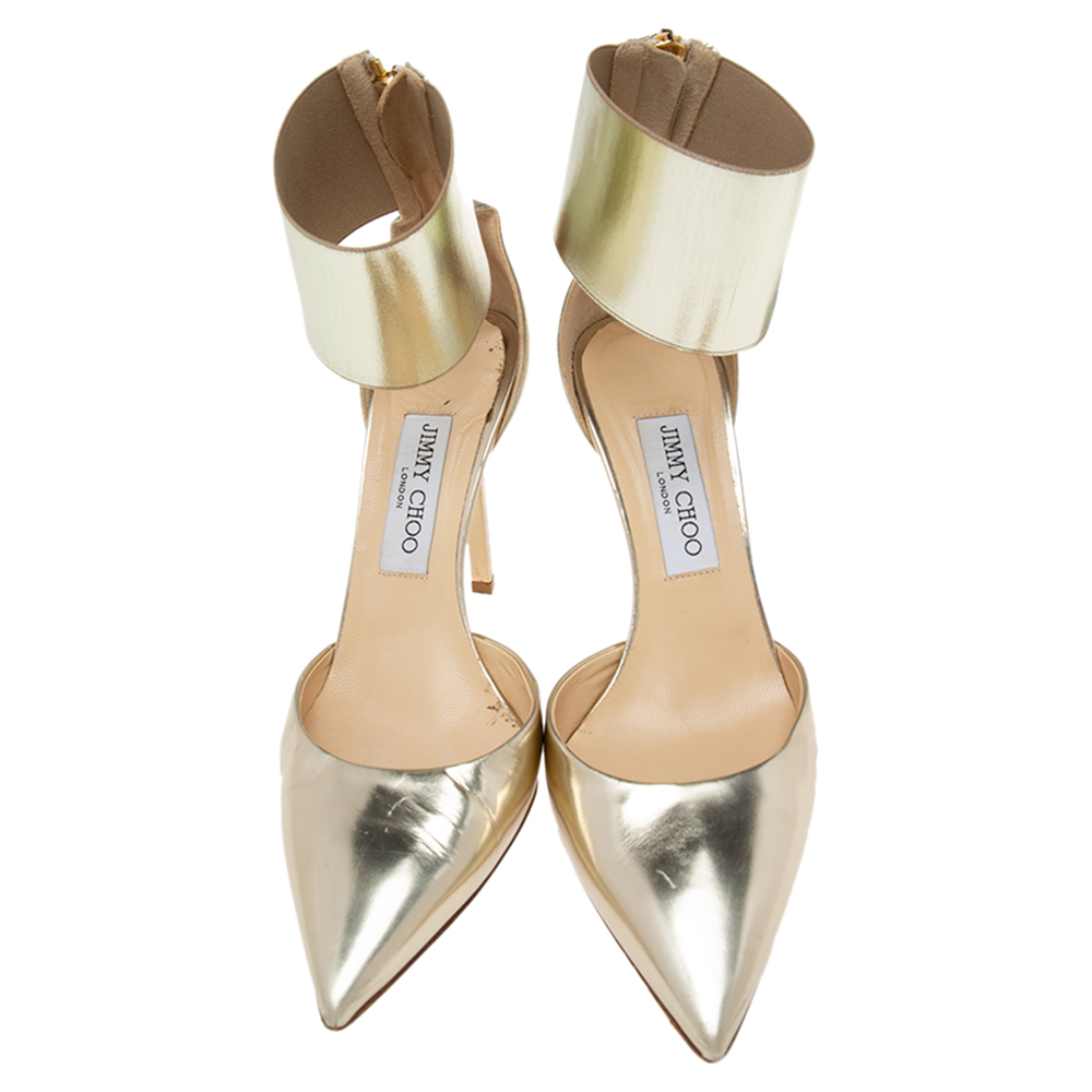 Jimmy Choo Gold Leather Ankle-Cuff Pumps Size 38.5