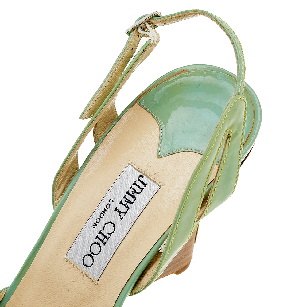 Jimmy Choo Green Patent Leather Slingback Wedge Sandals Size 40