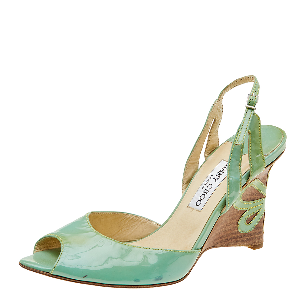Jimmy Choo Green Patent Leather Slingback Wedge Sandals Size 40