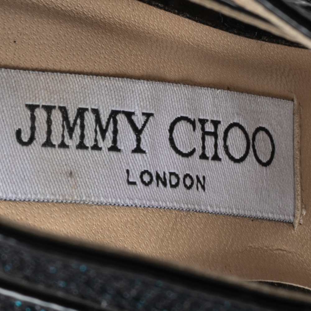 Jimmy Choo Blue Lamé Fabric And Glitter Leila Sandals Size 36.5