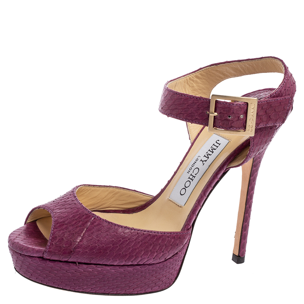 Jimmy Choo Purple Python Leather Peep-Toe Platform Ankle-Strap Sandals Size 36