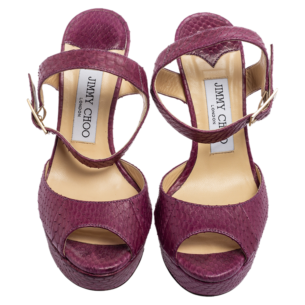 Jimmy Choo Purple Python Leather Peep-Toe Platform Ankle-Strap Sandals Size 36