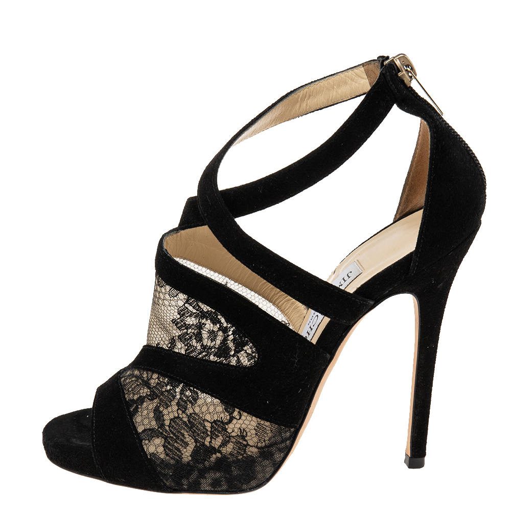 Jimmy Choo Black Lace And Suede Flyte Sandals Size 36.5