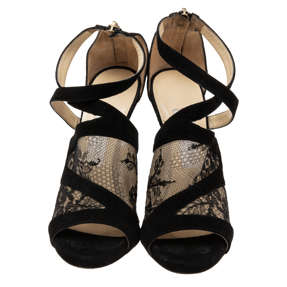 Jimmy Choo Black Lace And Suede Flyte Sandals Size 36.5