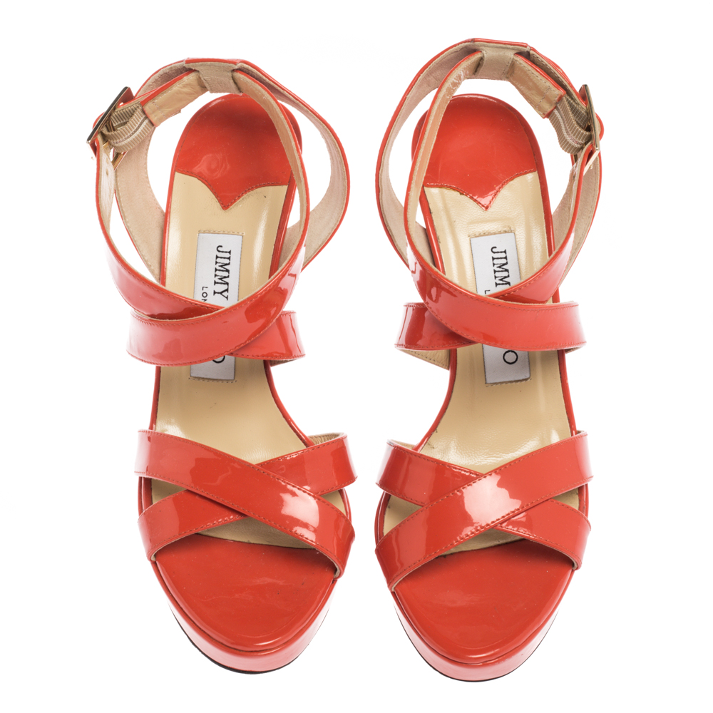 Jimmy Choo Orange Patent Leather Ankle Strap Sandals Size 37