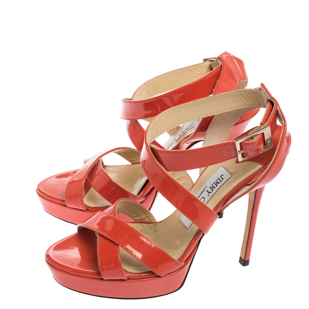 Jimmy Choo Orange Patent Leather Ankle Strap Sandals Size 37