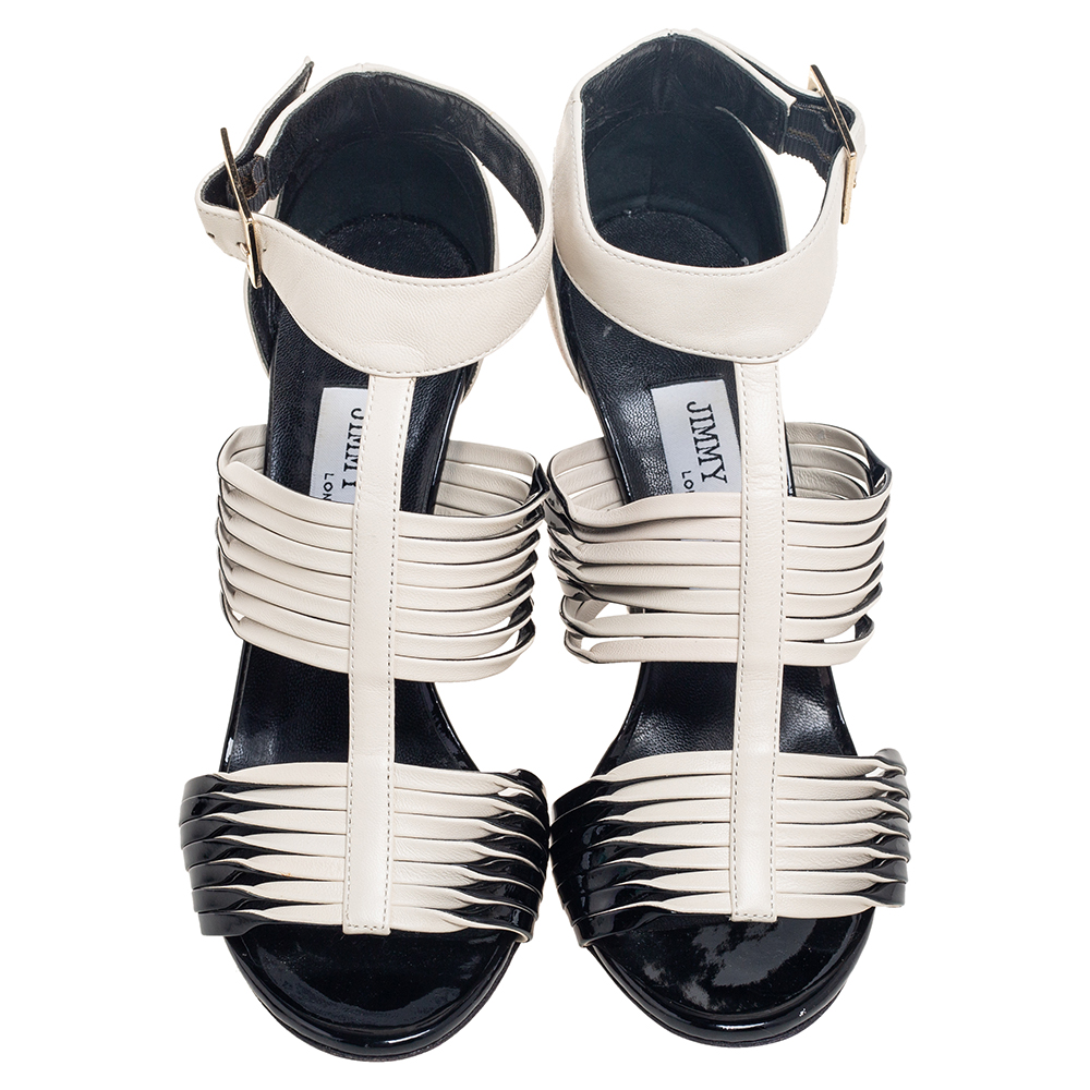 Jimmy Choo Black/Cream Patent And Leather Strappy Ankle Sandals Size 36