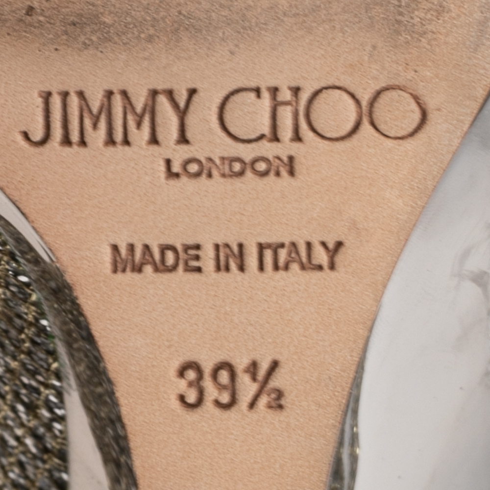 Jimmy Choo Metallic Silver/Gold Lamé. Fabric And Glitter Baxen Wedge Peep Toe Pumps Size 39.5
