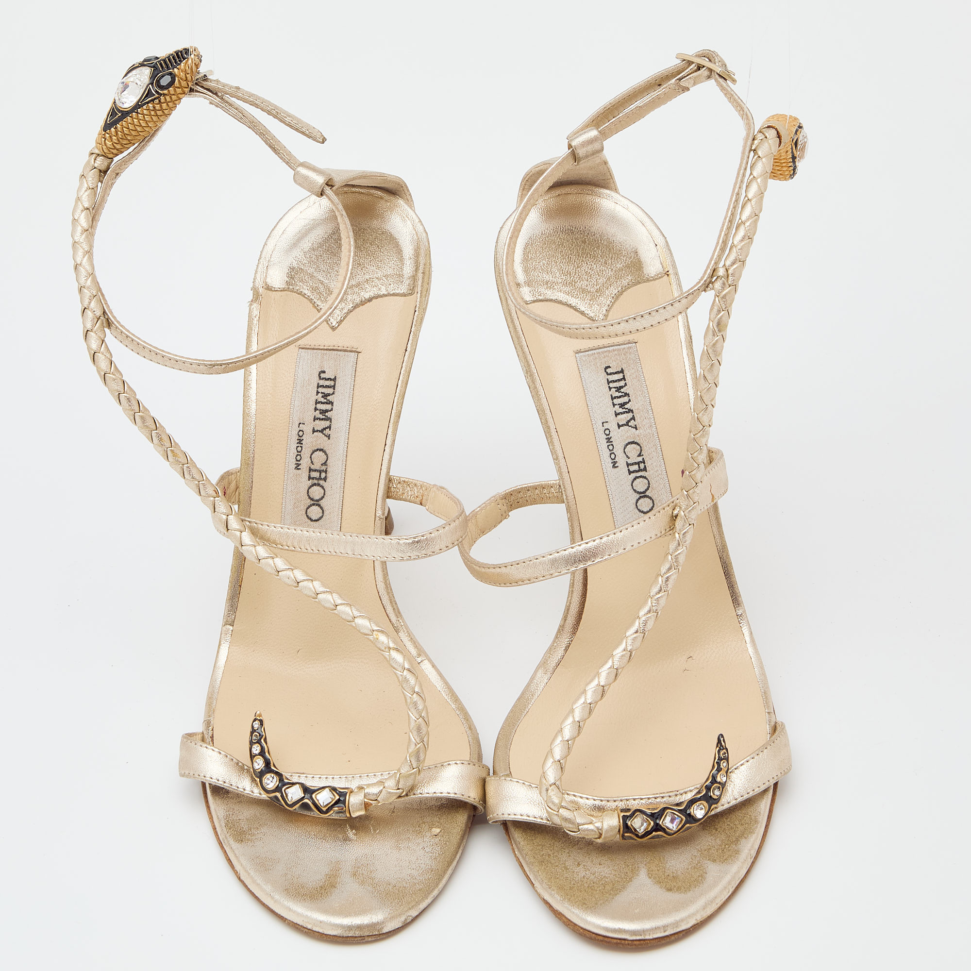 Jimmy Choo Metallic Gold Leather Leather Snake Embossed Ankle Strap Sandals Size 38