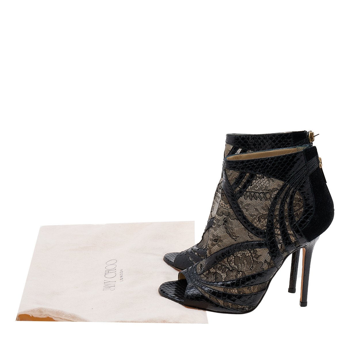 Jimmy Choo Black Snakeskin And Lace Peep Toe Booties Size 37.5