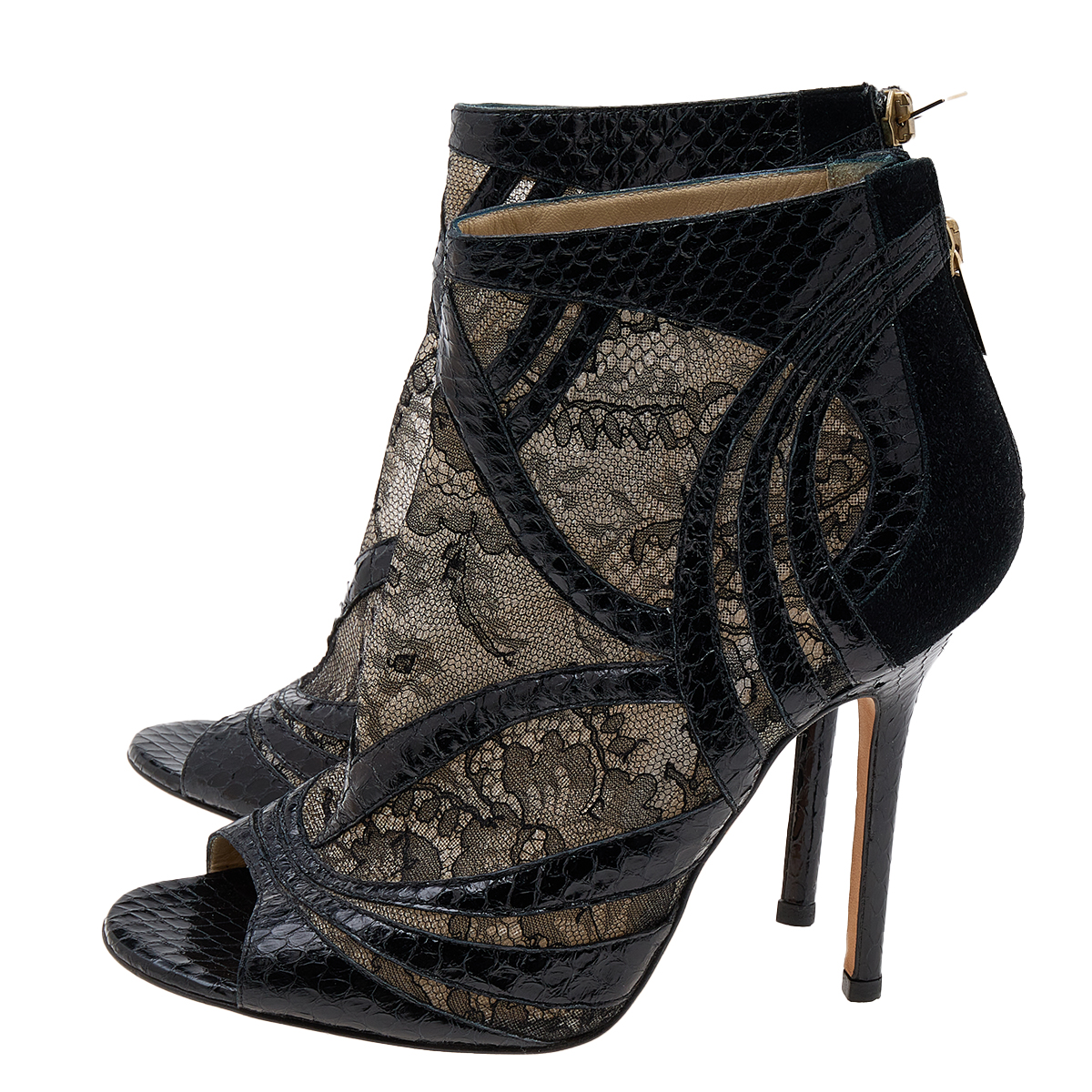 Jimmy Choo Black Snakeskin And Lace Peep Toe Booties Size 37.5