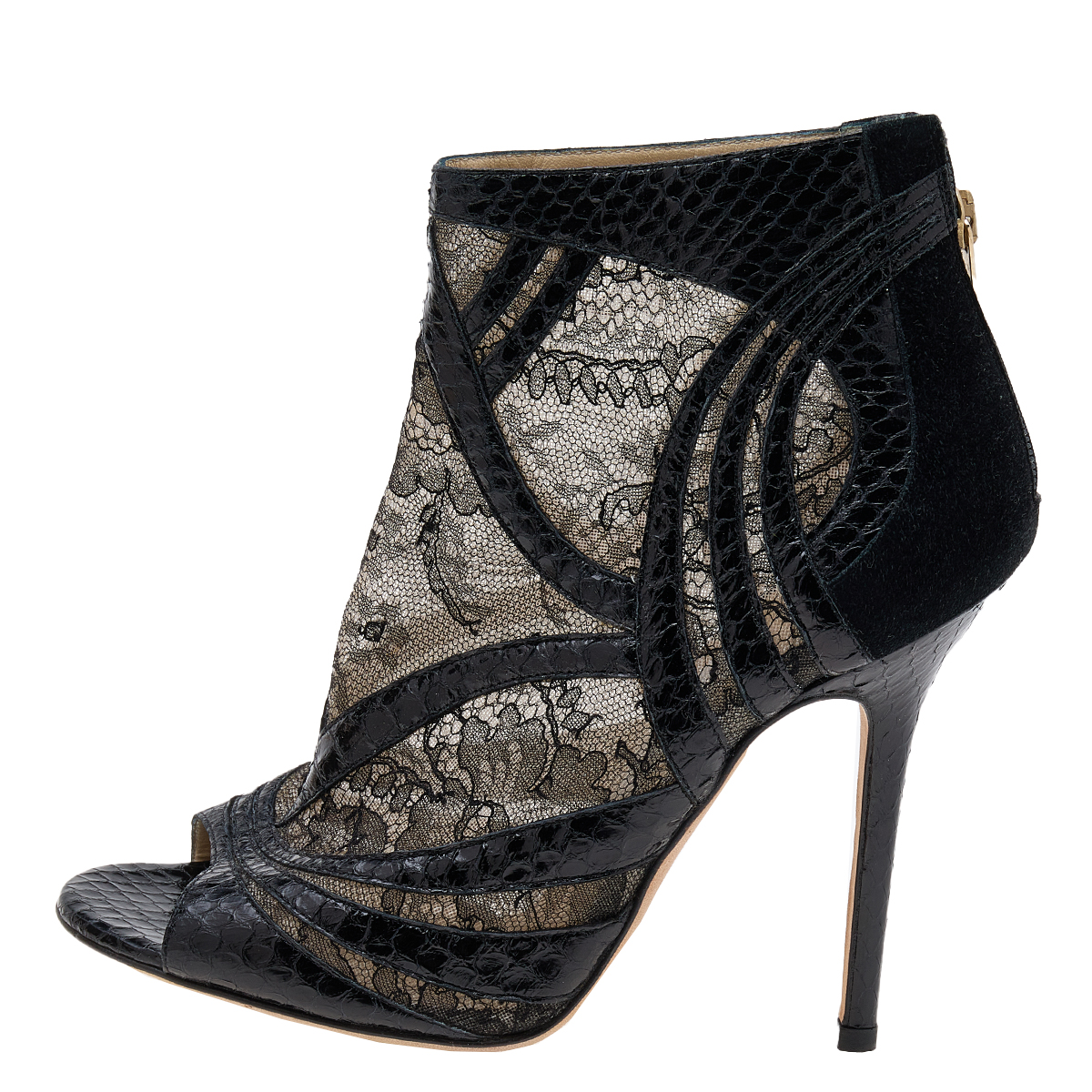 Jimmy Choo Black Snakeskin And Lace Peep Toe Booties Size 37.5