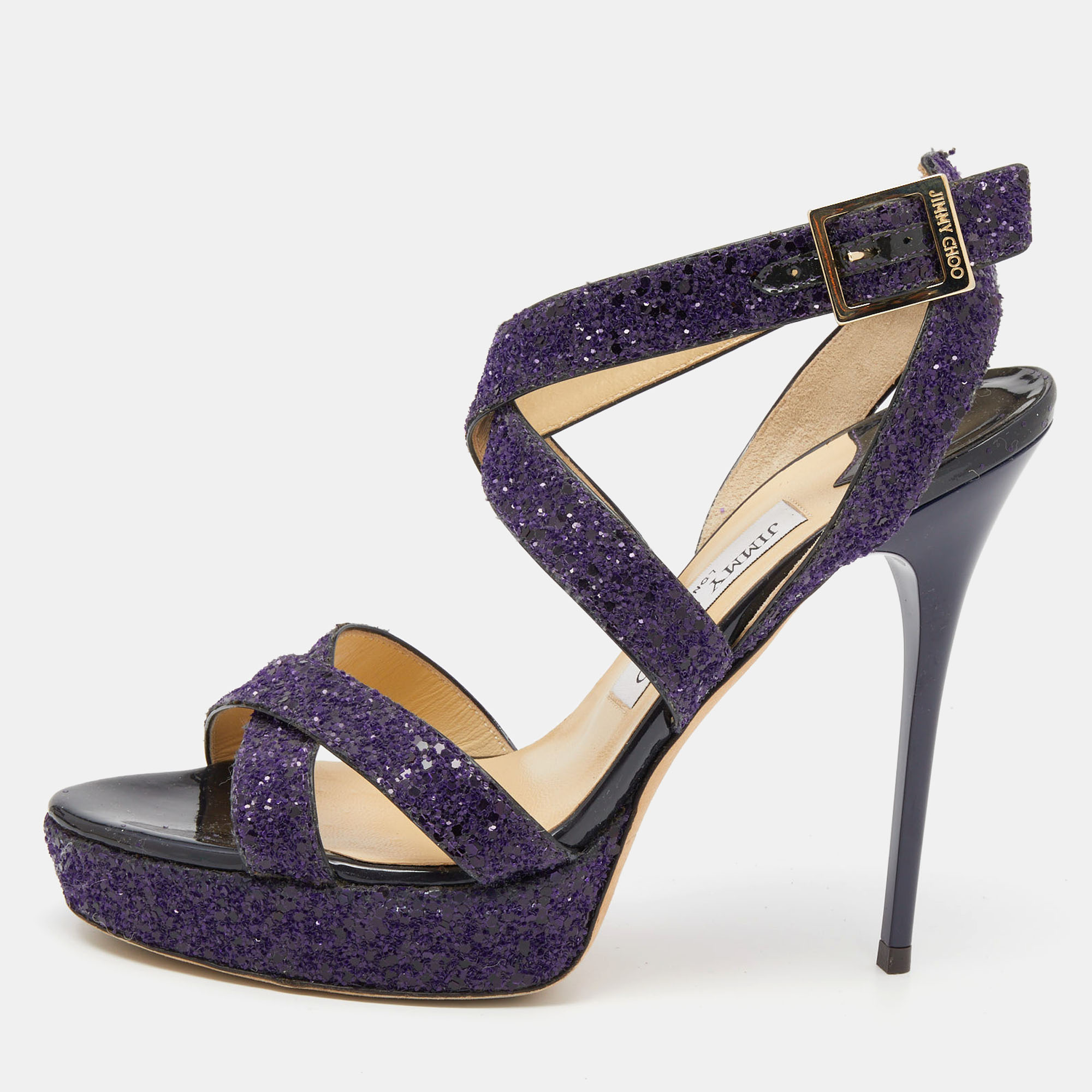 Jimmy choo purple glitter criss cross vamp platform sandals size 39