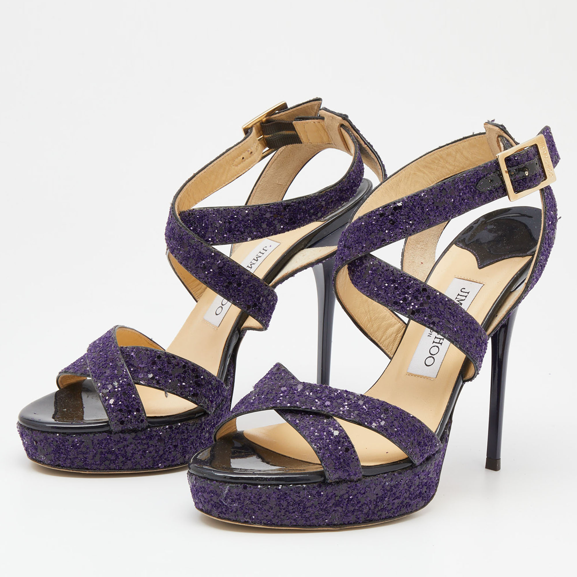 Jimmy Choo Purple Glitter Criss Cross Vamp Platform Sandals Size 39