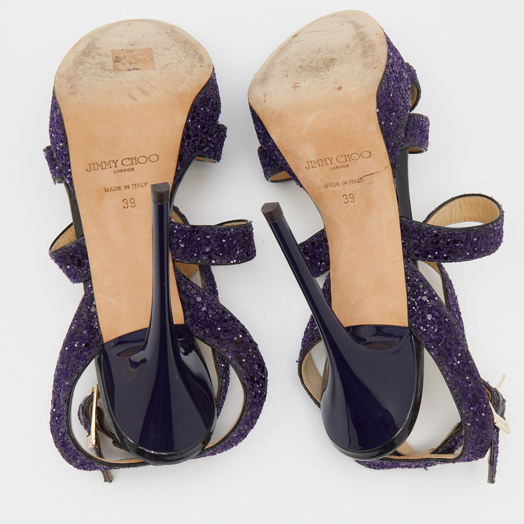 Jimmy Choo Purple Glitter Criss Cross Vamp Platform Sandals Size 39
