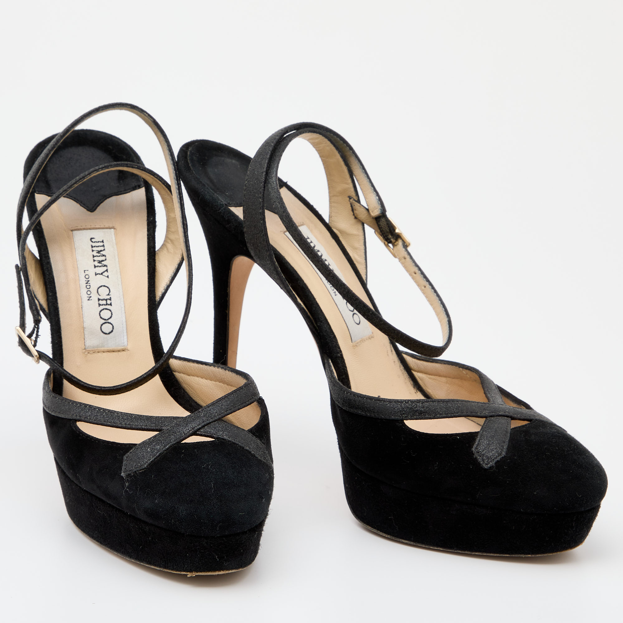 Jimmy Choo Black Suede And Glitter Ankle Strap Platform Sandals Size 39