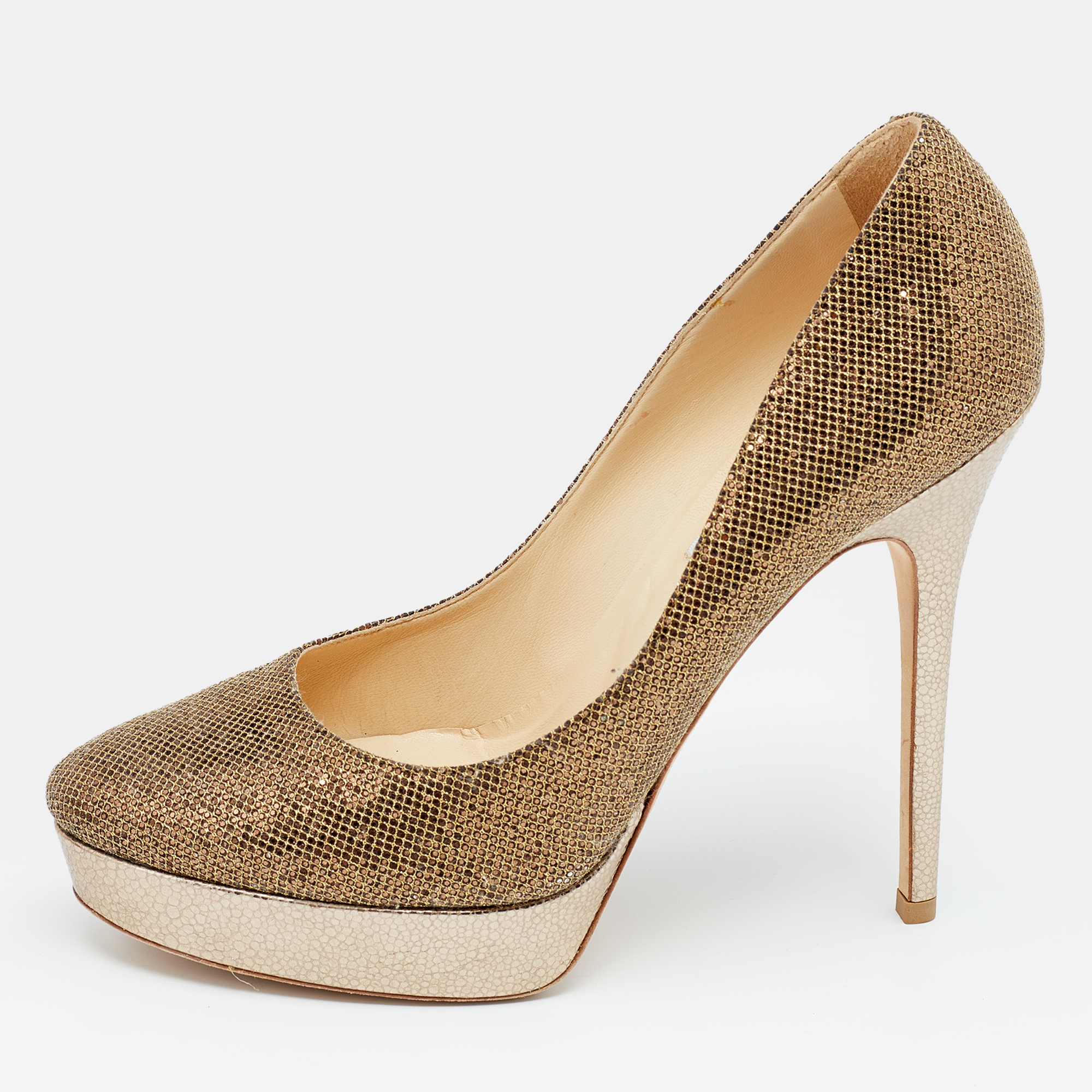 Gold Glitter Fabric And Embossed Leather Eros Platform Pumps