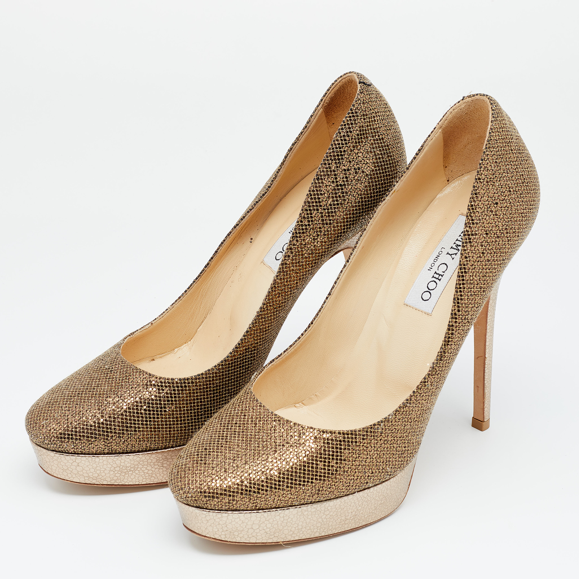 Jimmy Choo Gold Glitter Fabric And Embossed Leather Eros Platform Pumps Size 40