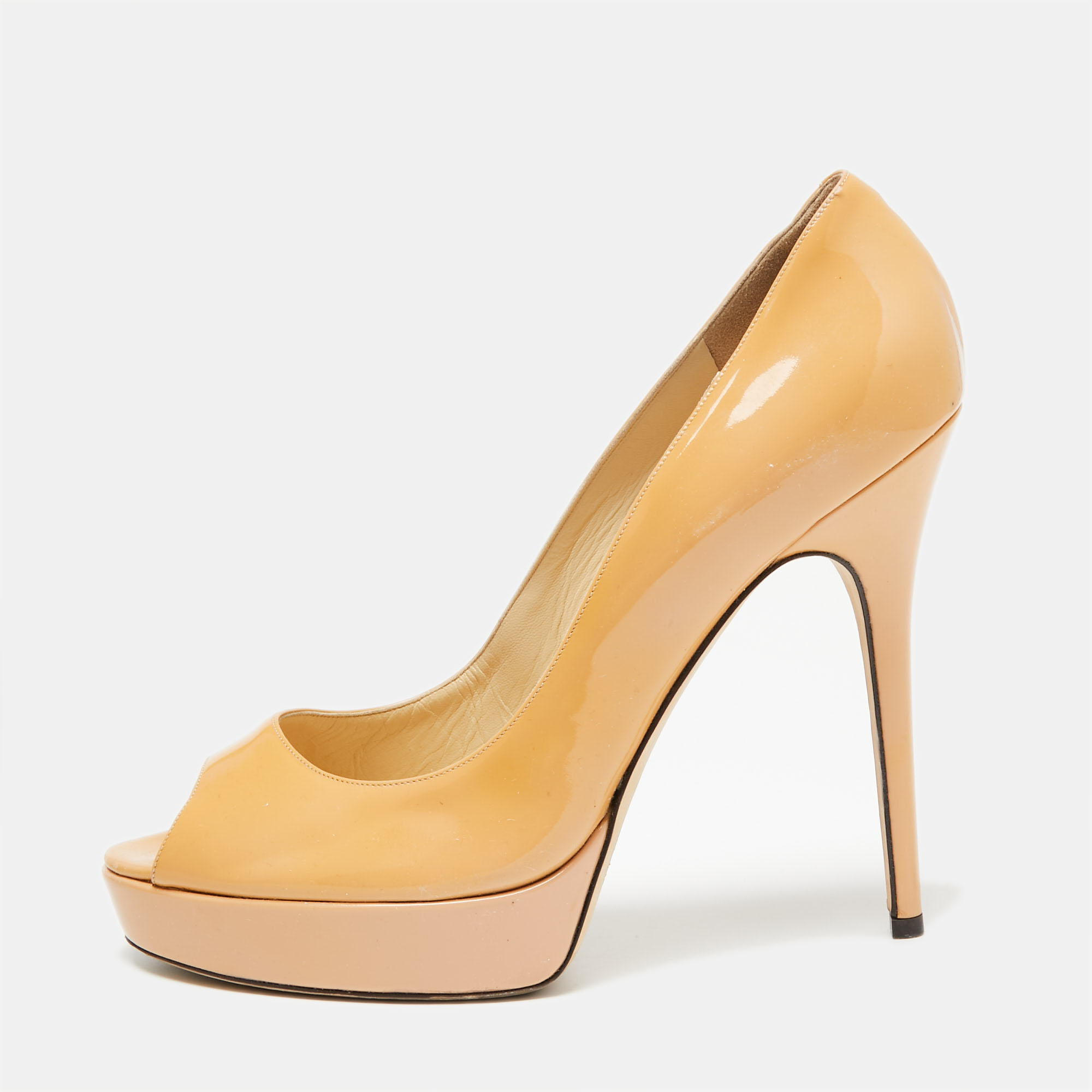 

Jimmy Choo Beige Patent Leather Crown Peep-Toe Platform Pumps Size