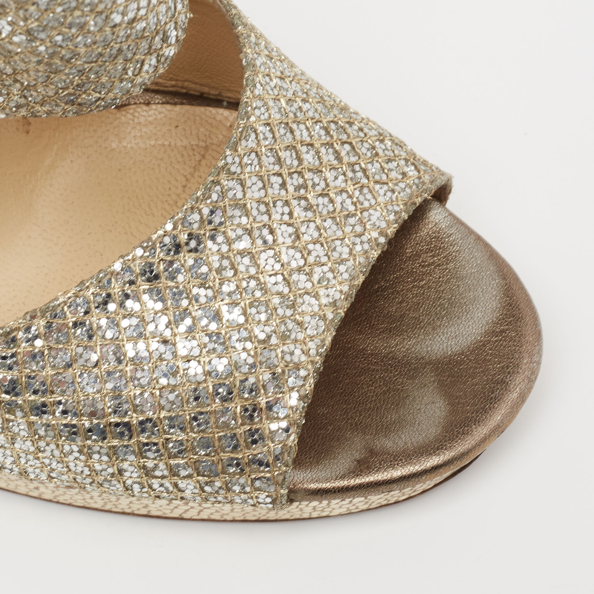 Jimmy Choo Silver/Gold Coarse Glitter Private Platform Sandals Size 37