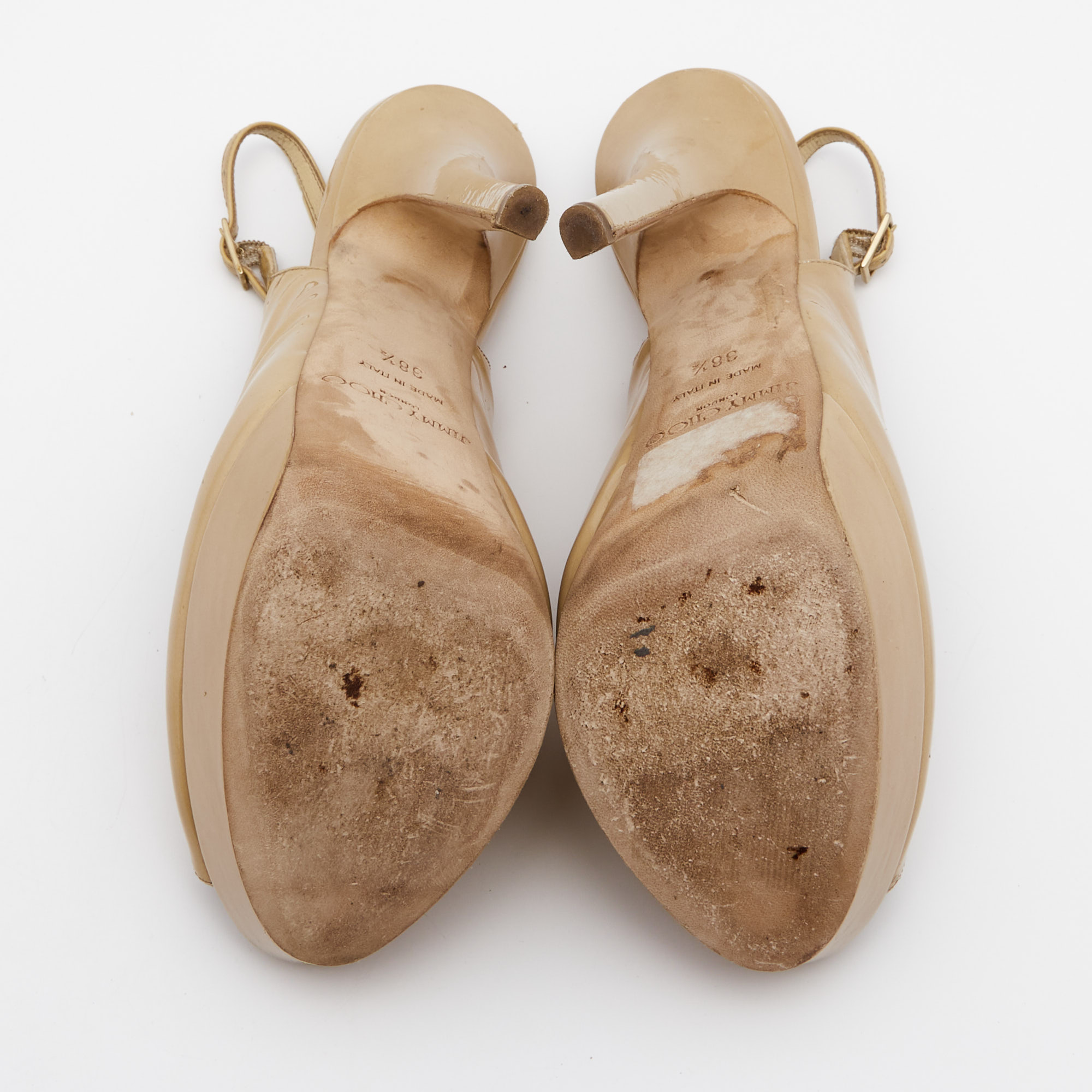 Jimmy Choo Beige Patent Leather Vita Peep Toe Platform Slingback Sandals Size 38.5