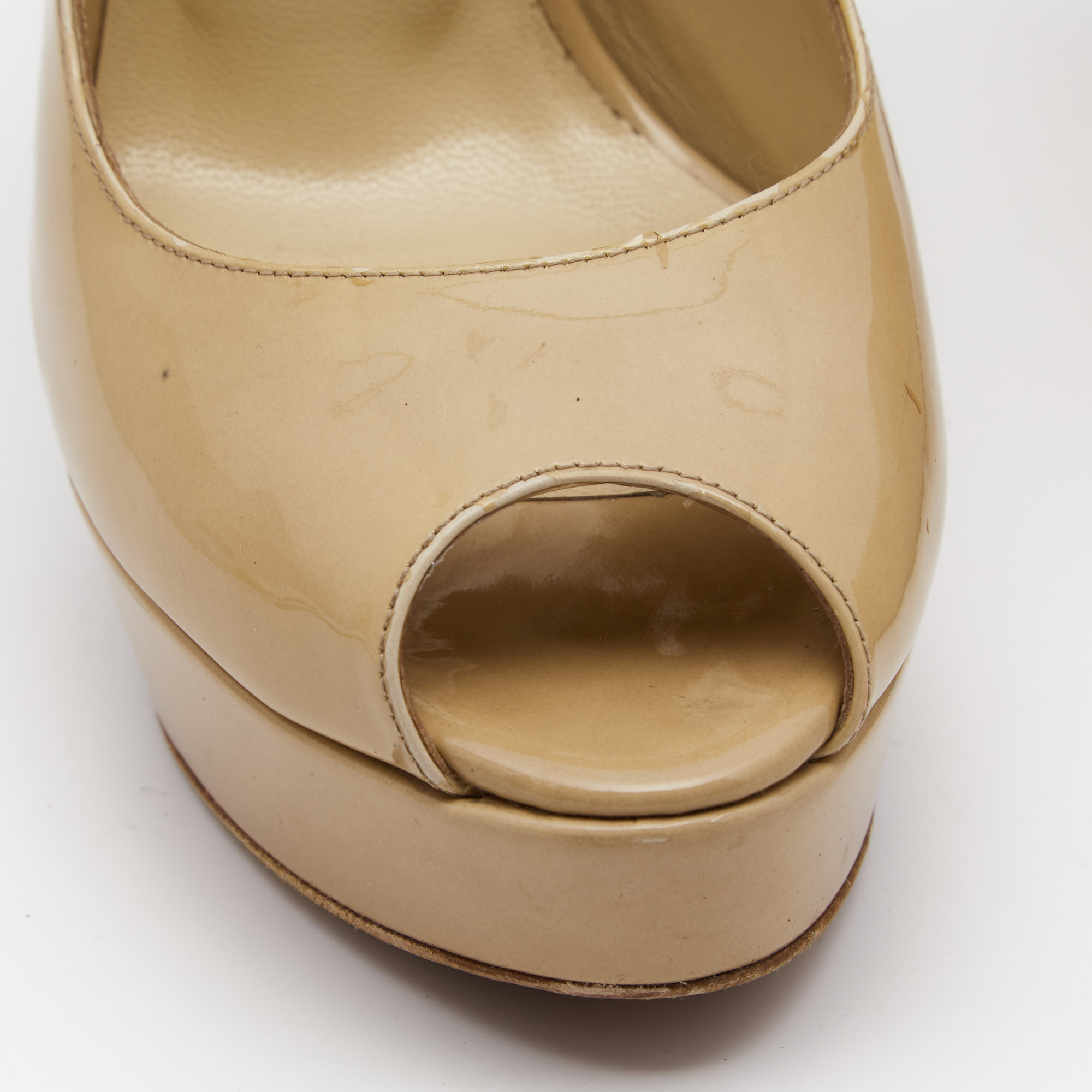 Jimmy Choo Beige Patent Leather Vita Peep Toe Platform Slingback Sandals Size 38.5