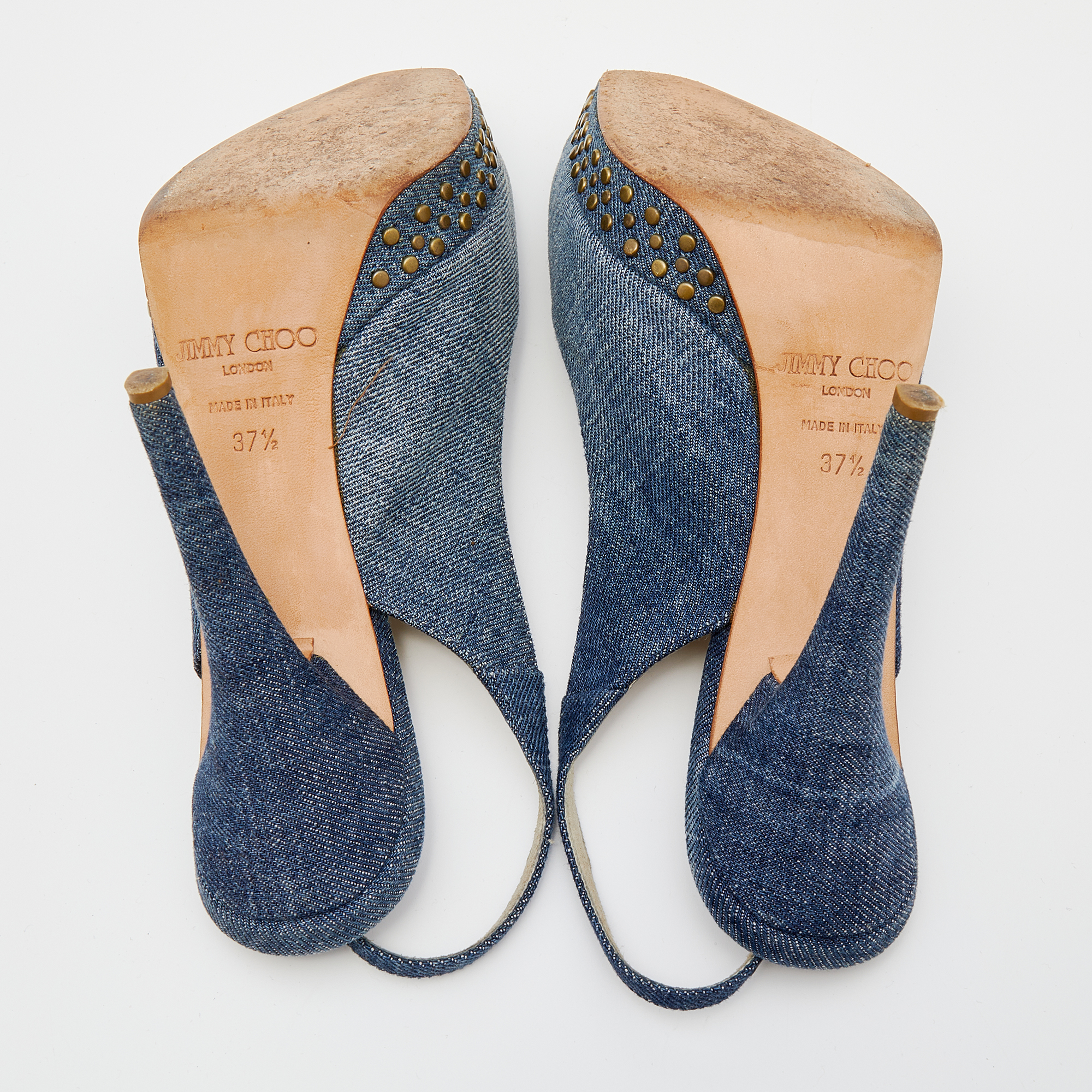 Jimmy Choo Blue Denim Peep Toe Slingback Sandals Size 37.5