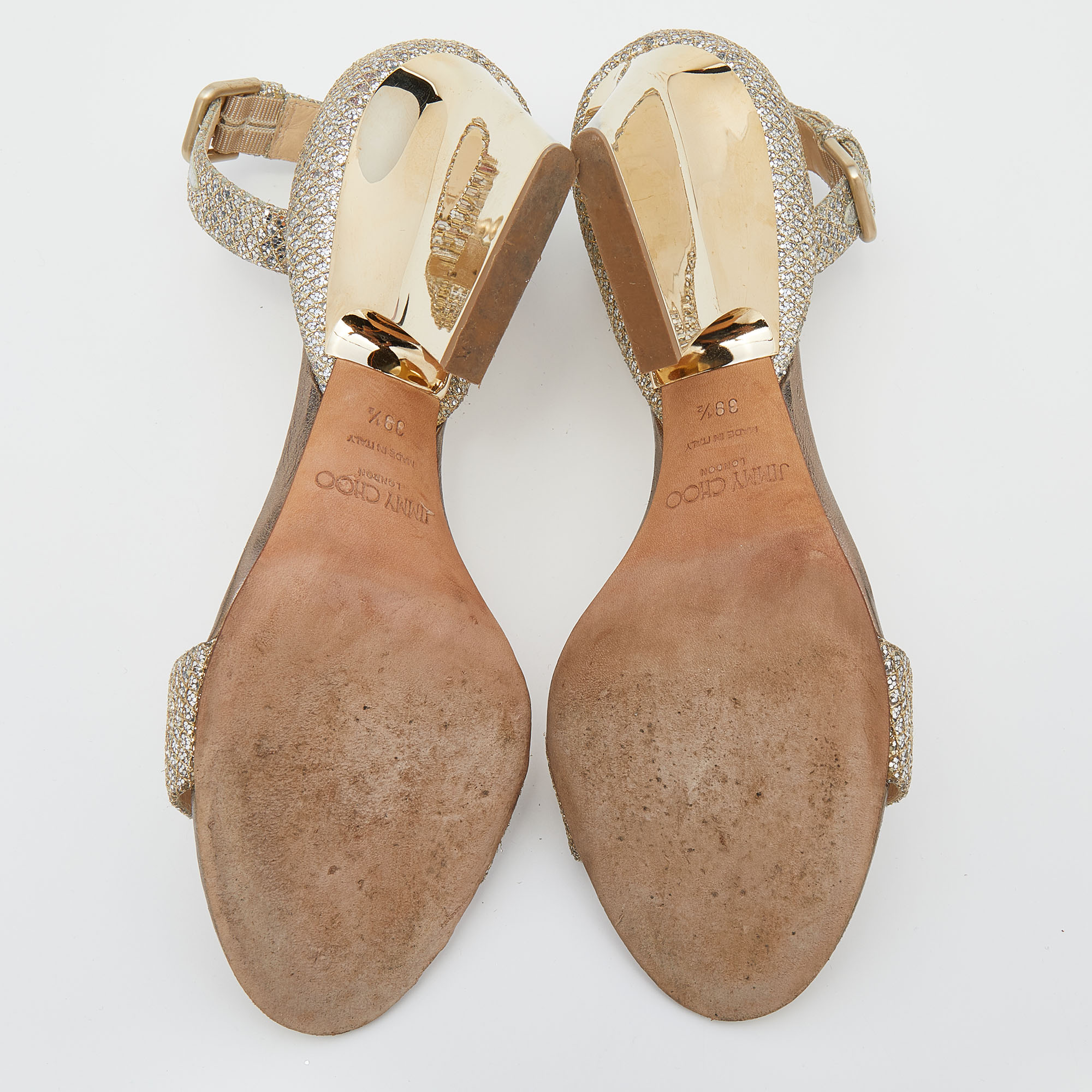 Jimmy Choo Metallic Gold Glitter Ankle Strap Sandals Size 39.5