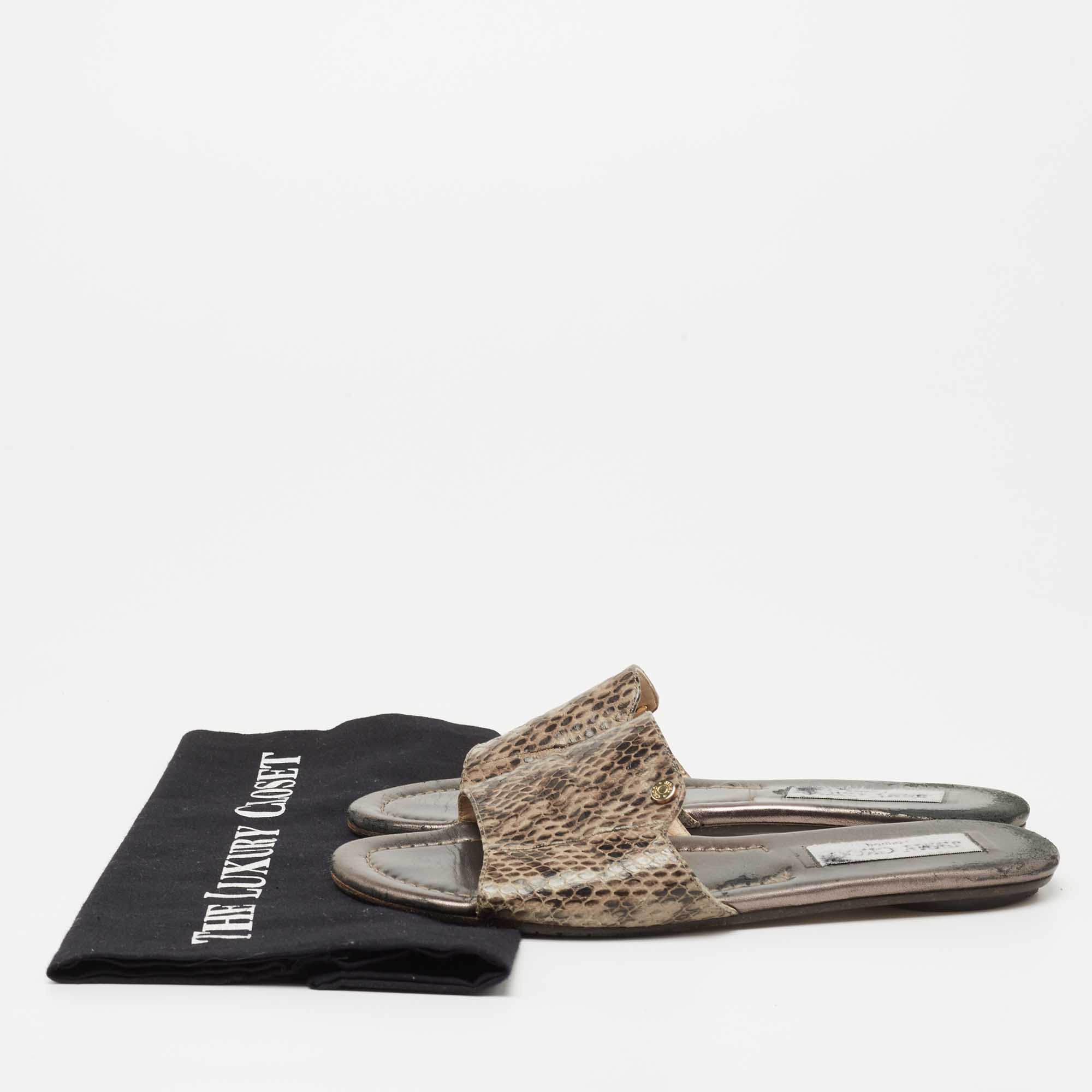 Jimmy Choo Grey Snakeskin Leather Nanda Flat Slide Sandals Size 37