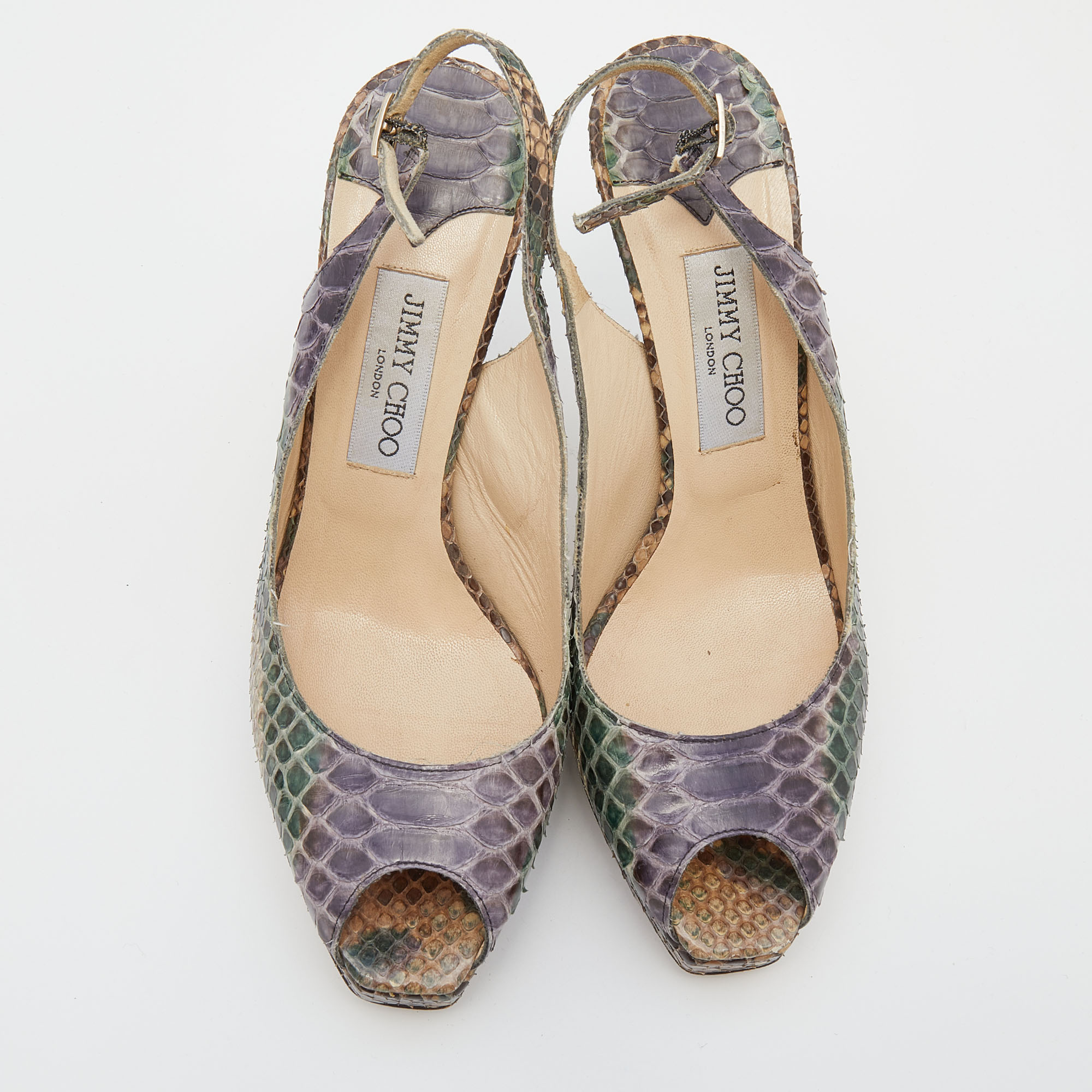 Jimmy Choo Multicolor Python Leather Peep Toe Platform Nova Slingback Sandals Size 39.5