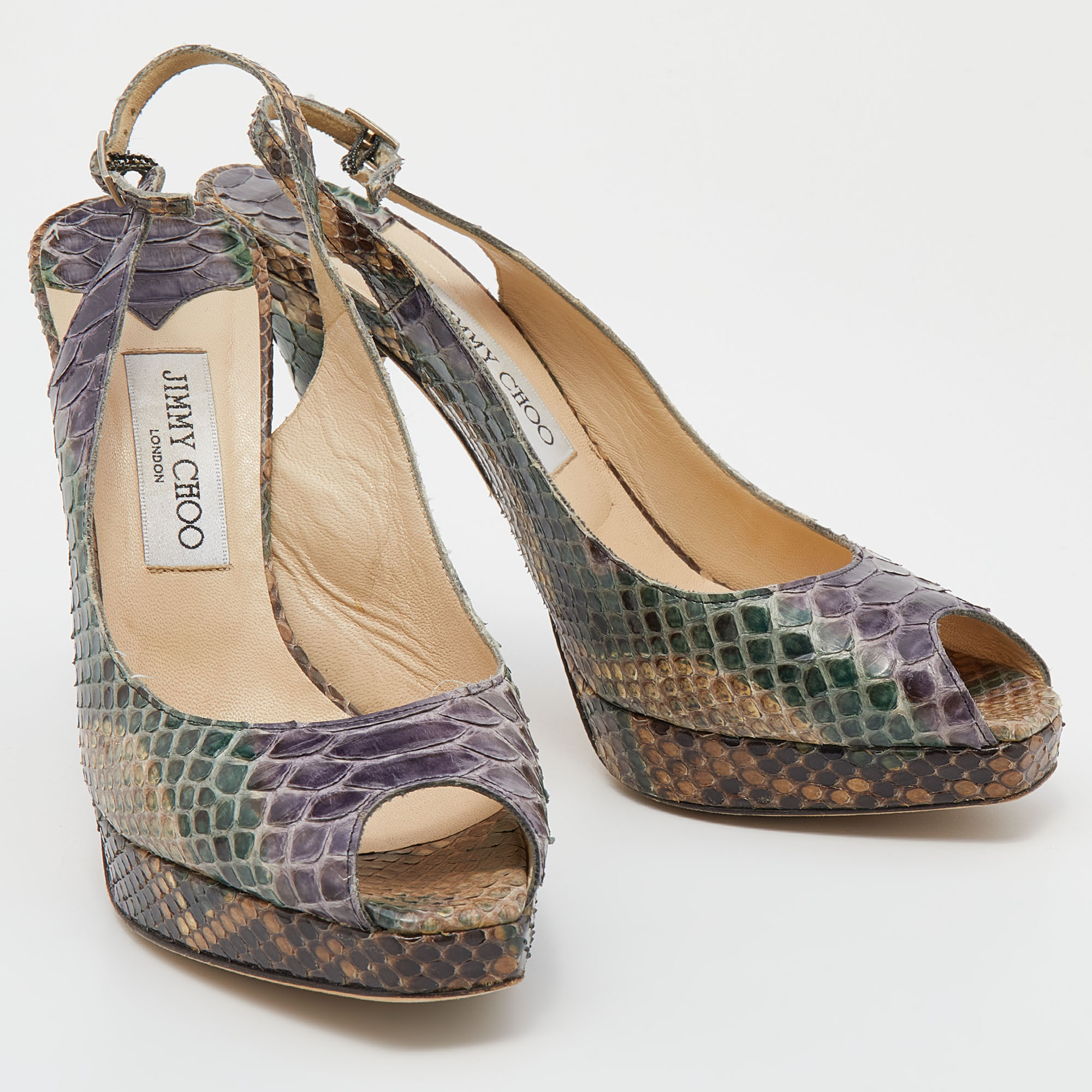 Jimmy Choo Multicolor Python Leather Peep Toe Platform Nova Slingback Sandals Size 39.5