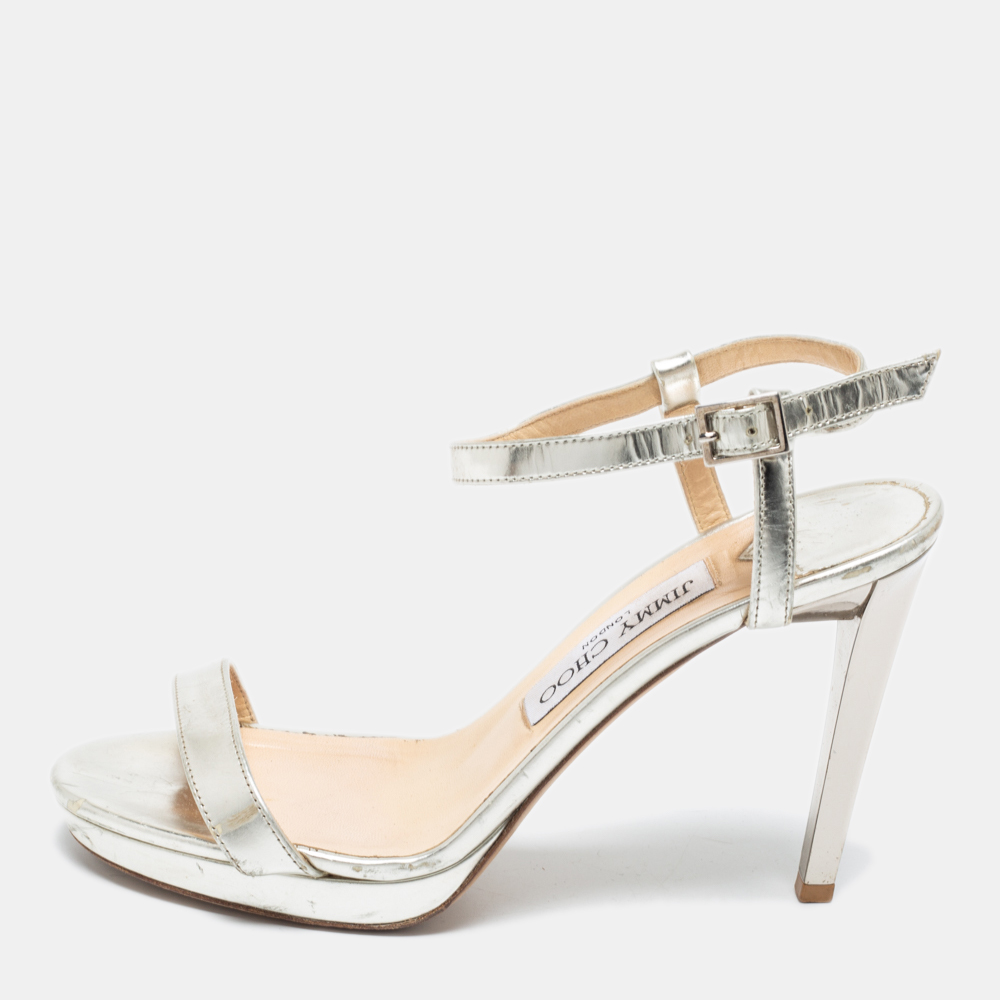 Jimmy choo metallic silver leather minny ankle strap sandals size 37