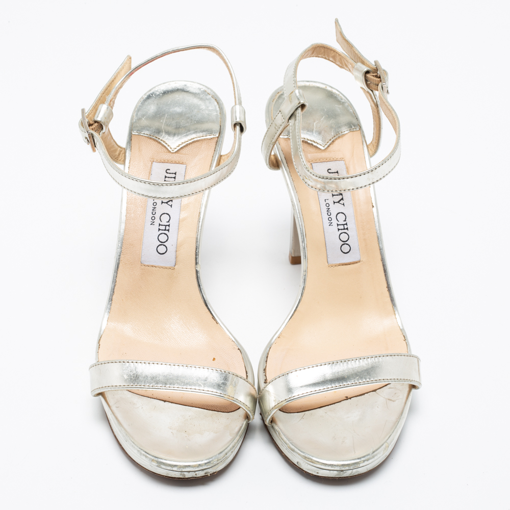 Jimmy Choo Metallic Silver Leather Minny Ankle Strap Sandals Size 37