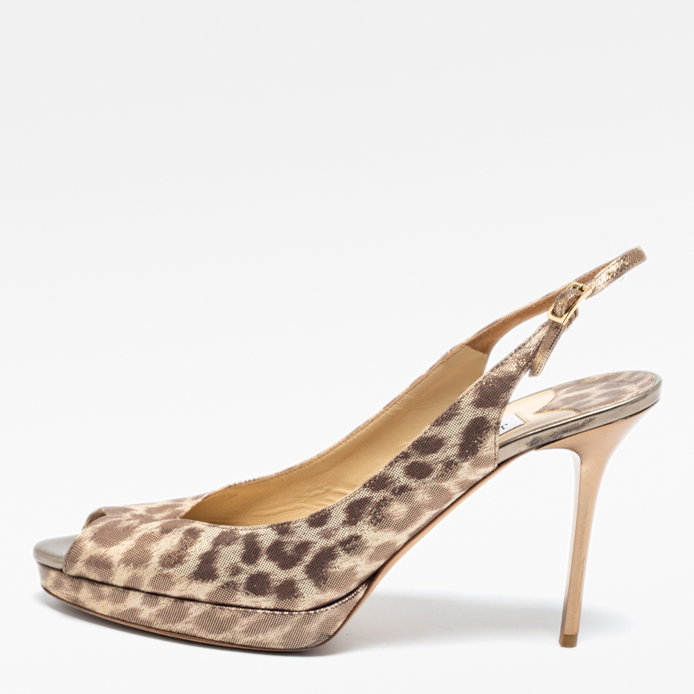 Jimmy Choo Beige/Brown Leopard Print Leather Platform Peep Toe Slingback Sandals Size 39.5