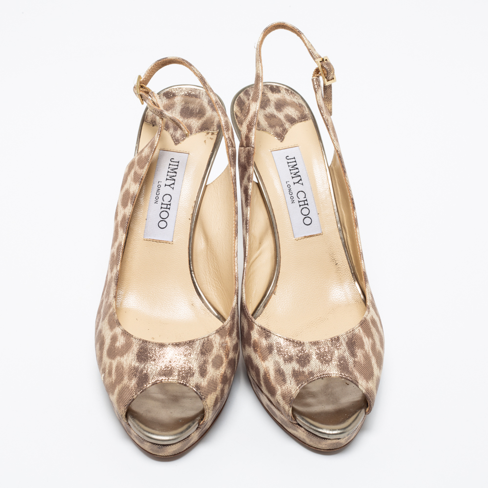 Jimmy Choo Beige/Brown Leopard Print Leather Platform Peep Toe Slingback Sandals Size 39.5