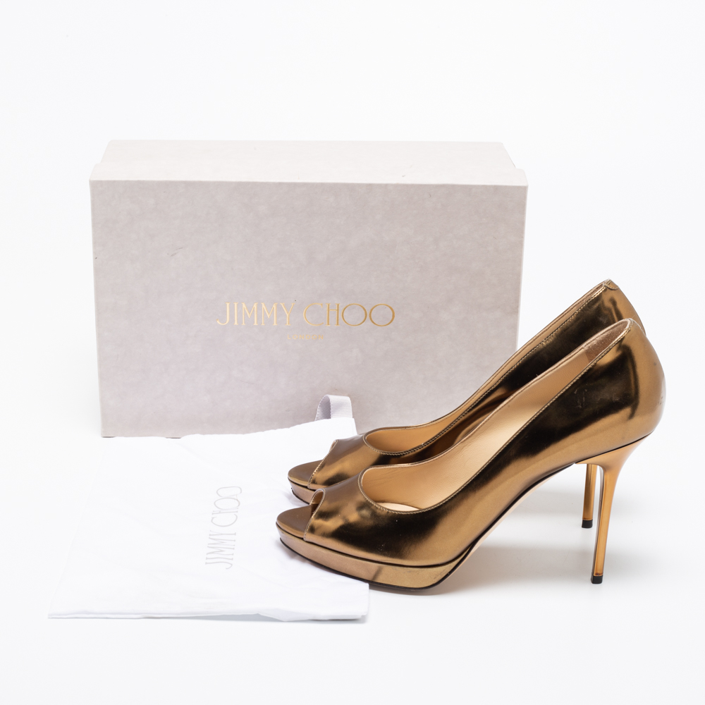 Jimmy Choo Gold Leather Luna Peep Toe Pumps Size 39